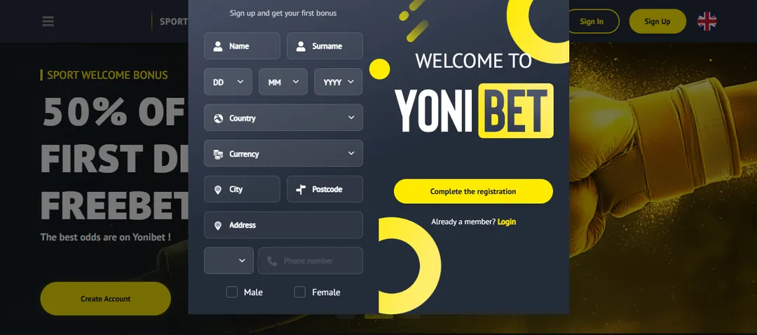 Yonibet Casino compléter l'inscription